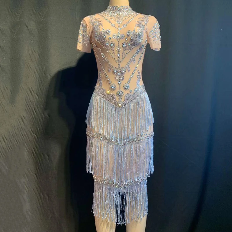 

Shining Rhinestones Fringes Dress Lady Prom Evening Outfit Singer Dancer See Through Mesh Dress Birthday Tassel Net Dress DT1725
