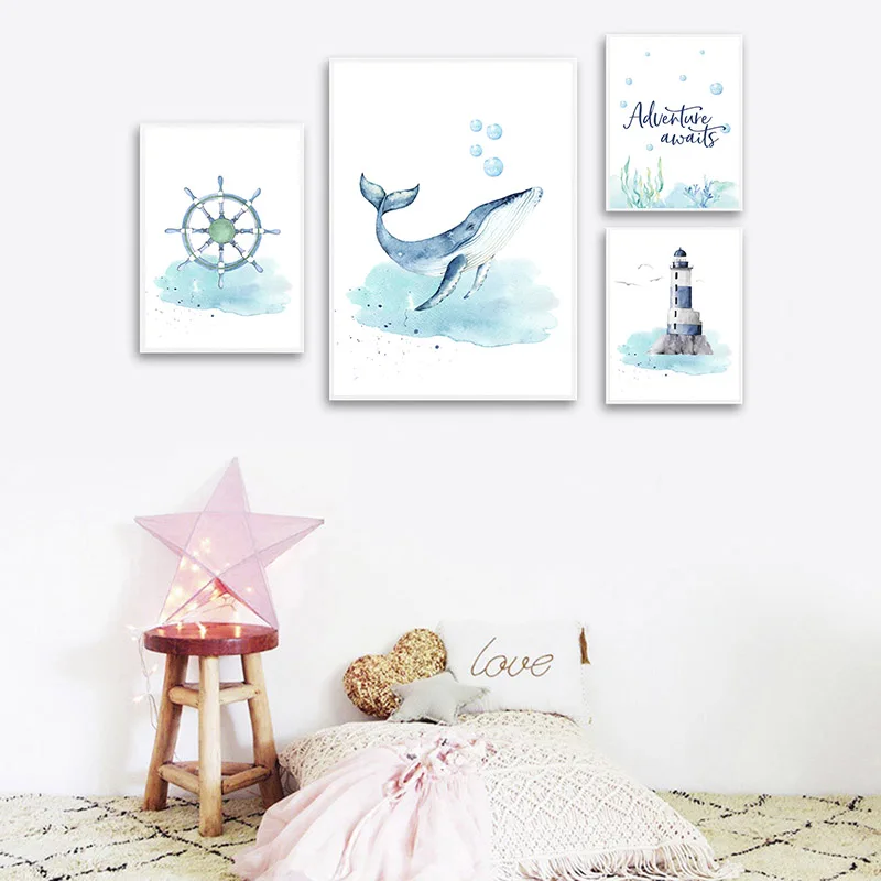 Nautical Sea Nursery Child Poster Whale Ship Canvas Wall Art Print Painting Nordic Kid Decoration Picture Baby Bedroom Decor | Дом и сад