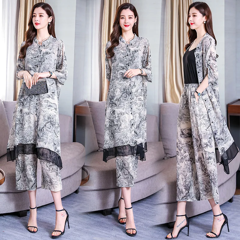 

2019 New Style WOMEN'S Dress Western Style Printed Capri Loose Pants Two-Piece Set Fashion Loose-Fit Cover Meat Slimming Fashion
