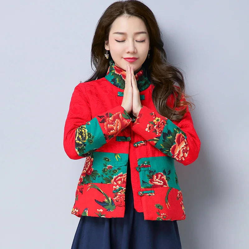 

Winter New Style Ethnic-Style WOMEN'S Dress Thick Quilted Stand Collar Jacquard Mixed Colors Warm Middle-aged Women Dress Cotton