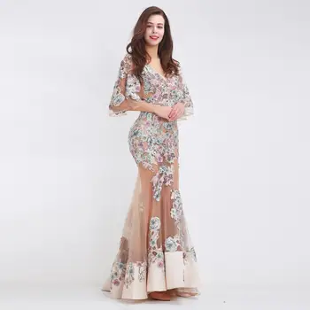 

Formal Evening Dresses Long Sexy See-through Appliques Tulle Floor-Length Prom Party Gowns Plus Size