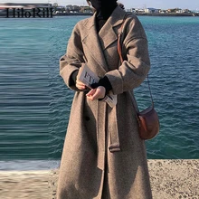 Осеннее длинное шерстяное пальто для женщин, в полоску, с длинным рукавом, со шнуровкой, Элегантная куртка, отложной воротник, большие размеры, Женское пальто