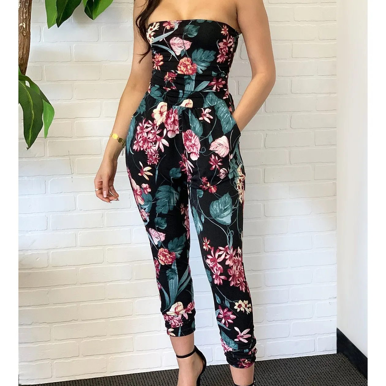 Women Off Shoulder Floral Printed Jumpsuit Strapless Fitted Sleeveless Bodycon Rompers Casual Summer Overalls