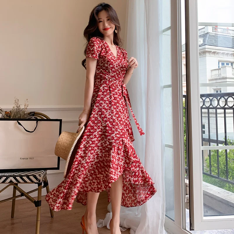 Bohemian Retro Floral Print Summer Dresses For Women short Sleeve V Neck Maxi Dress Beach Holiday Club | Женская одежда