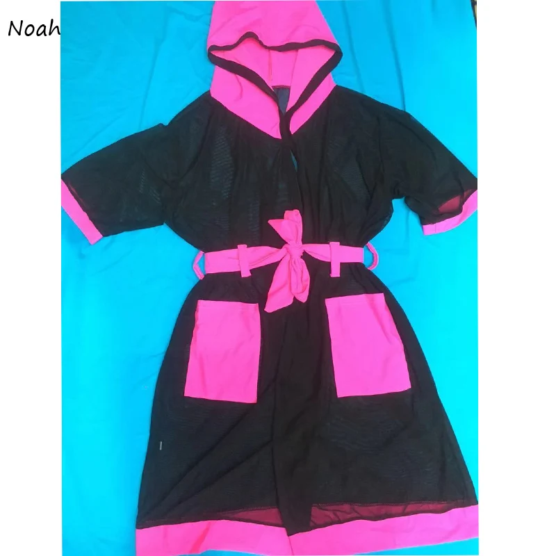 Short Sleeve Hoodied Pocket Mesh Cover Up - Цвет: Розовый