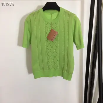 

Runway 2020 Spring Women Design Wool Sweaters Vintage String Pearl Thin Short Sleeve O-Neck Knit Green / Yellow Sweater Elegant
