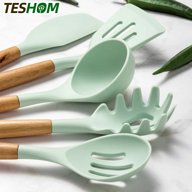 Wooden Silicone Kitchen Utensil Nonstick Utensils Cooking Tool Spoon Soup & etc 