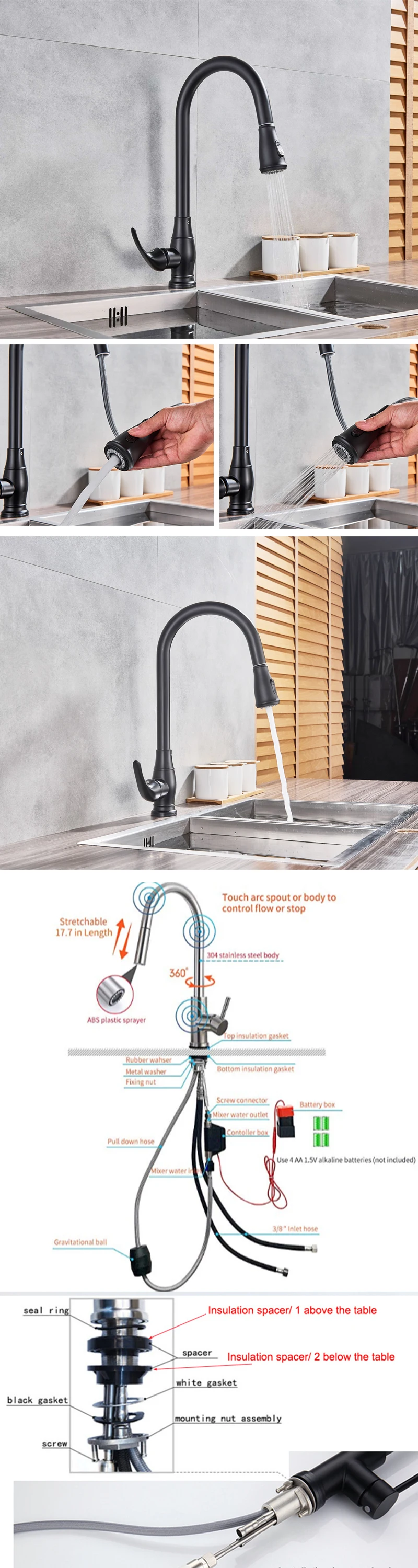 Sensor Kitchen Faucets Black Smart Touch Inductive Sensitive Faucet Mixer Tap Single Handle Dual Outlet Water Modes