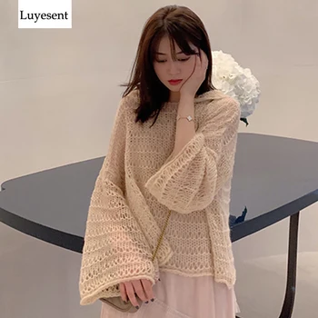 

Thin Hooded Transparent Women Pullover Sweater 2020 Lady Flare Long Sleeve Hollow Out Loose Top Basic Casual Korean Style Jumper