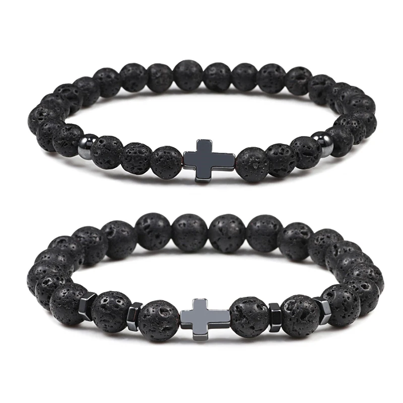 Natural Lava Stone Men Bracelets 6mm 8mm Black Onyx Beads Hematite Cross Charm Bracelet & Bangle Women Meditation Prayer Jewelry