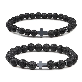 Natural Lava Stone Men Bracelets 6mm 8mm Black Onyx Beads Hematite Cross Charm Bracelet & Bangle Women Meditation Prayer Jewelry