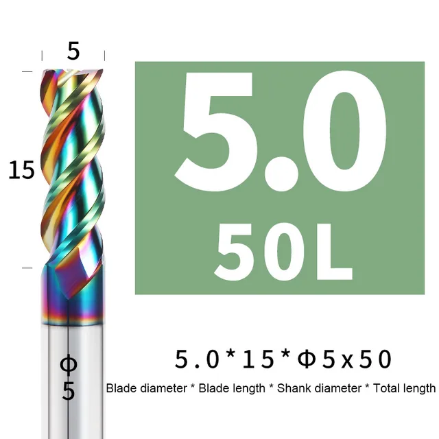 Colorful End Mill Aluminium HRC55 3F Milling Cutter Acrylic Wood Copper Plastic Cutting Tool CNC Maching Milling Tools Endmils 5X15XD5X50L
