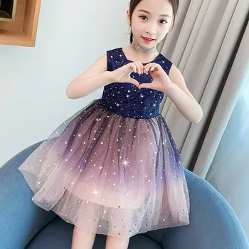 

2020 Summer Girls Mesh Patchwork Dresses Sleeveless Sequin Dress For Girl Princess Wedding Ball Gown Party Dress Kids Clothes