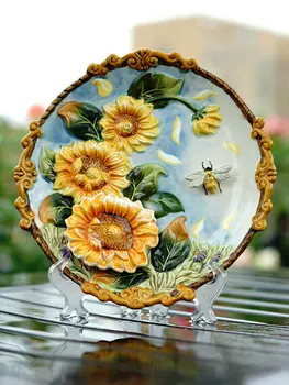 

Vintage Hand Painted Sunflowers Decorative Plate Ceramic Wall Plate Holder Hanging Wedding Gifts Table Living Room Home Decor