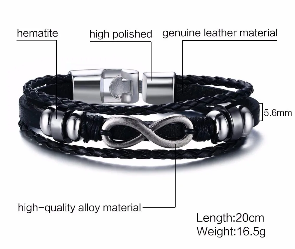 Mens Womens Bracelets Multistrand Leather Braided Rope Bracelet Infinity & Hematite Beaded Men Jewerly Wristband Wraps Bangle Vintage Jewelry Accessories Pulseira Masculina 16