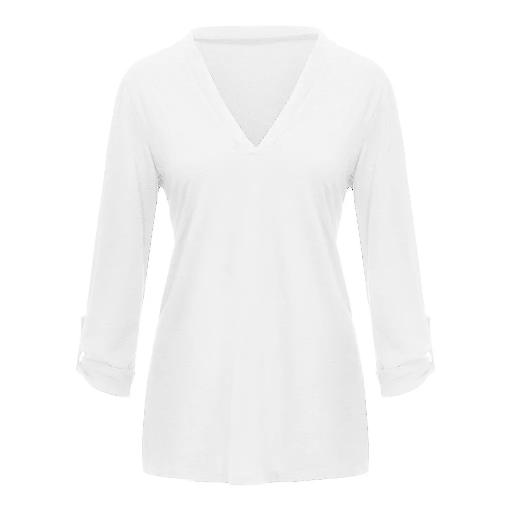Tshirt Women Fashion 3/4 Roll Sleeve Tops V Neck T-shirt Casual Elegant Camisas Harajuku Camiseta Mujer Top Women T Shirt - Цвет: Белый