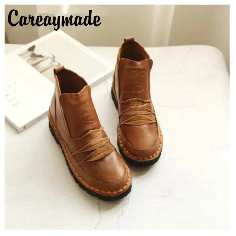 Careaymade 新ピュアハンドメイド本革の靴 レトロなアート森ガールフラットブーツ 女性文学カジュアルシングルブーツ Aliexpress