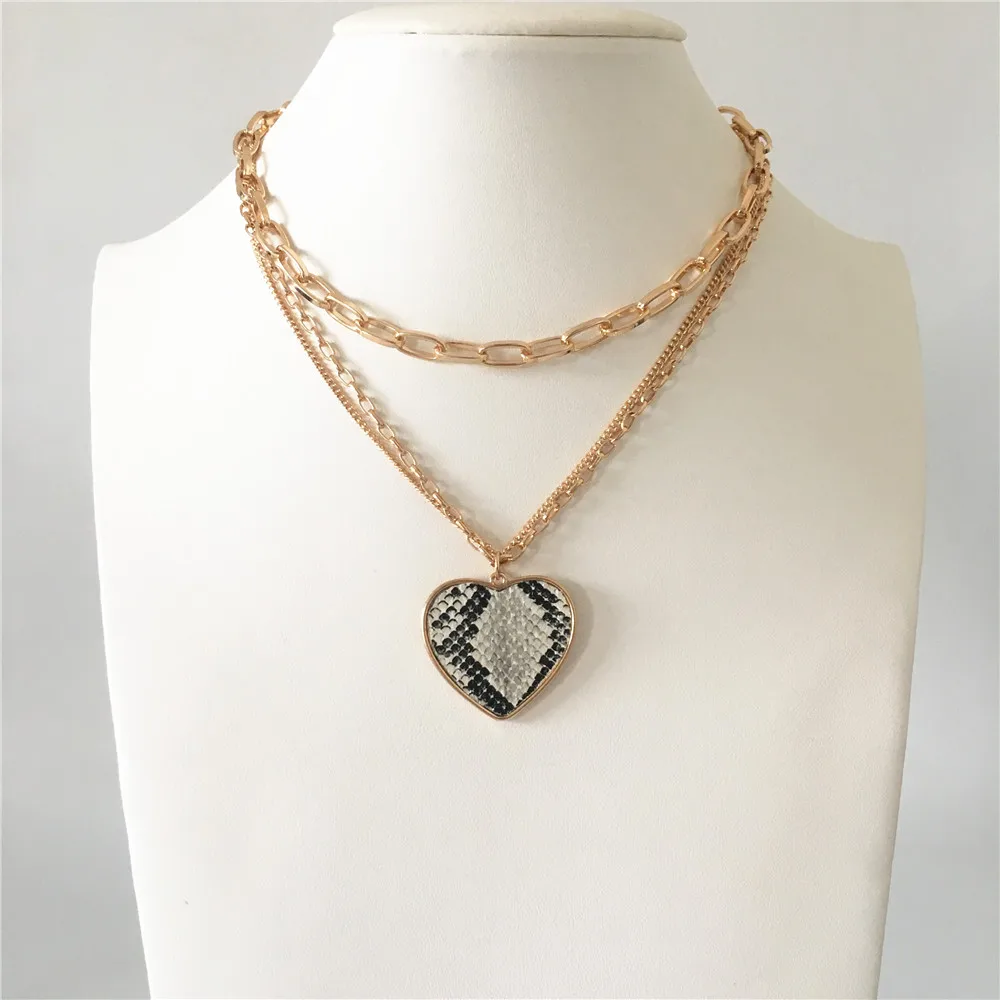 

TRENDY GOLD COLOR PLATING ANIMAL SKIN PRINT HEART SHAPE PENDANT LAYERED NECKLACE FOR WOMEN