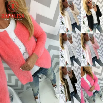 

ZAPALISA Long Sleeve Knit Jacket Solid Color Patchwork O Neck Cardigans Elegant Slim Autumn Plush Sweater Coat