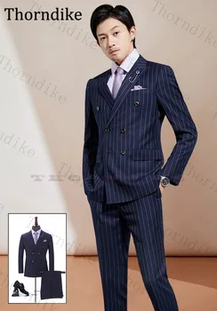 

Thorndike Peaked Lapel Striped Business Suit Men Double Breasted Formal Men Suits Slim Elegant Wedding Dress Suit For Men Suit