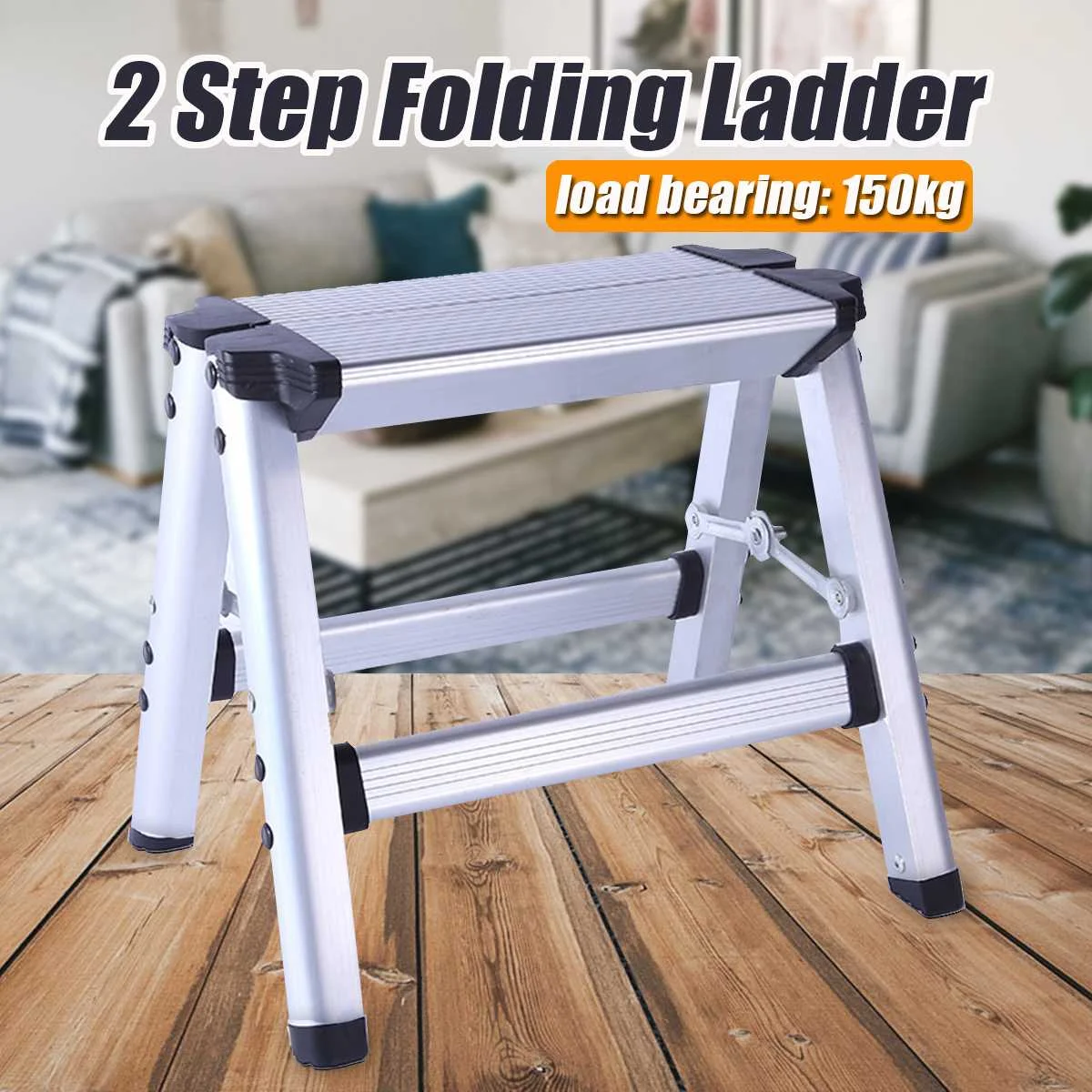 Stool Folding Ladder 150KG Maximum Load 2 Step Anti Slip Safety Aluminium Ladder 