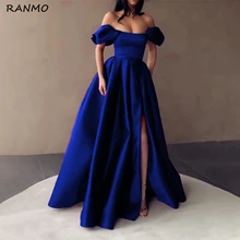 

Royal Blue Satin Prom Dresses Strapless Off the Shoulder Split Evening Dresses Pleated A-Line Long Formal Gowns