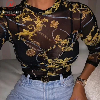 

Sexy Women Skinny Bodysuits for Streetwear Mesh Patchwork Design See Through O-Neck Long Sleeve Print Slim Pullovers Jumpsuits