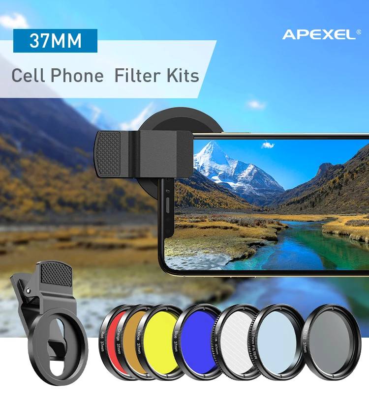 

APEXEL camera Phone Lens Kit 0.45x wide + 37mm Graduated Red Blue Filters+CPL ND32+Star Filter for iPhone huawei all Smartphones