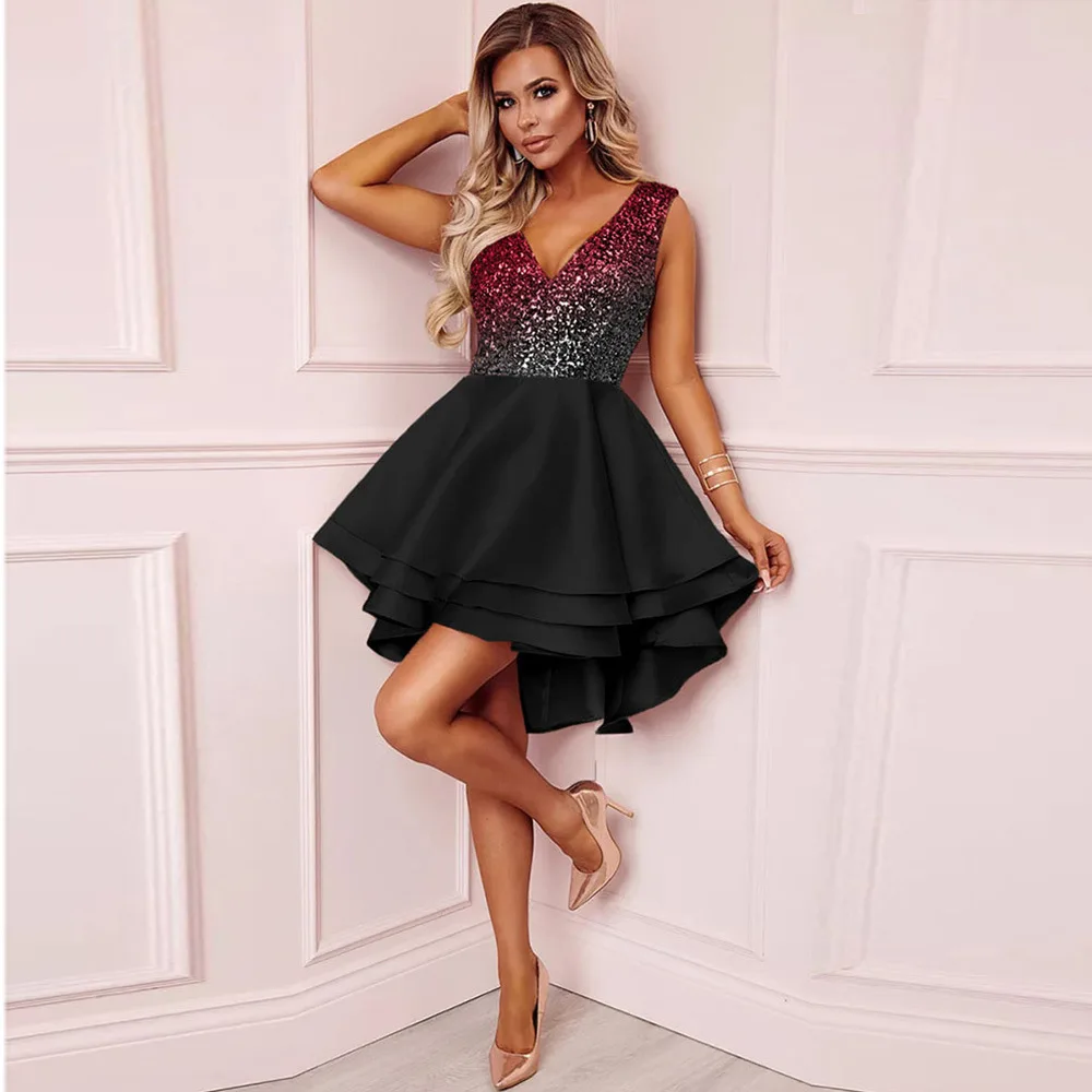 

Europe And America WOMEN'S Dress Backless Sexy Sleeveless Dress Nightclub Sequin Big V-neck Gradient Color Dress Women's 221075