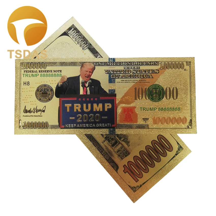 Позолоченные банкноты Дональд Трамп 2020 покрытые 24 каратным золотом 10 шт./лот