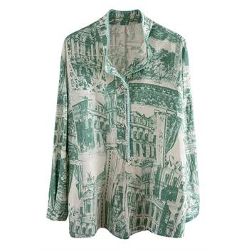 

WOMENGA 2020 New Blouse Print Fashion Vintage Stand Collar Single-breasted Casual Long-sleeve Loose Streetwear Girl Female A401