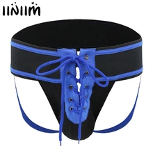 Мужское эротическое нижнее белье на шнуровке спереди, сексуальные открытые прикладочные кружевные трусики с эластичным поясом, эластичные трусы с отдельной секцией для пениса