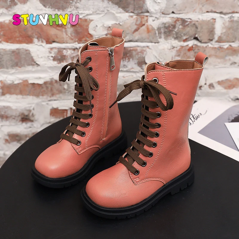 

2020 Autumn New Fashion Children Boots Leather Girls Shoes Lace Up Zipper Kids High Boots Waterproof Non-slip Girls Boots Black