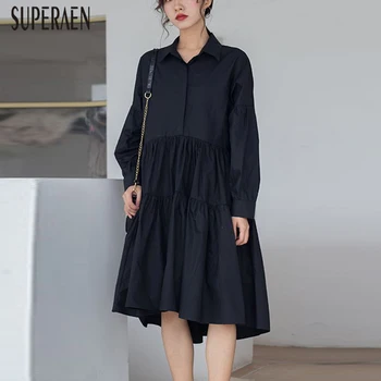 

SuperAen Fashion Shirt Dress Women Summer and Spring 2020 Korean-Style Ladies Dress New Solid Color Long-Sleeved Single-Breasted