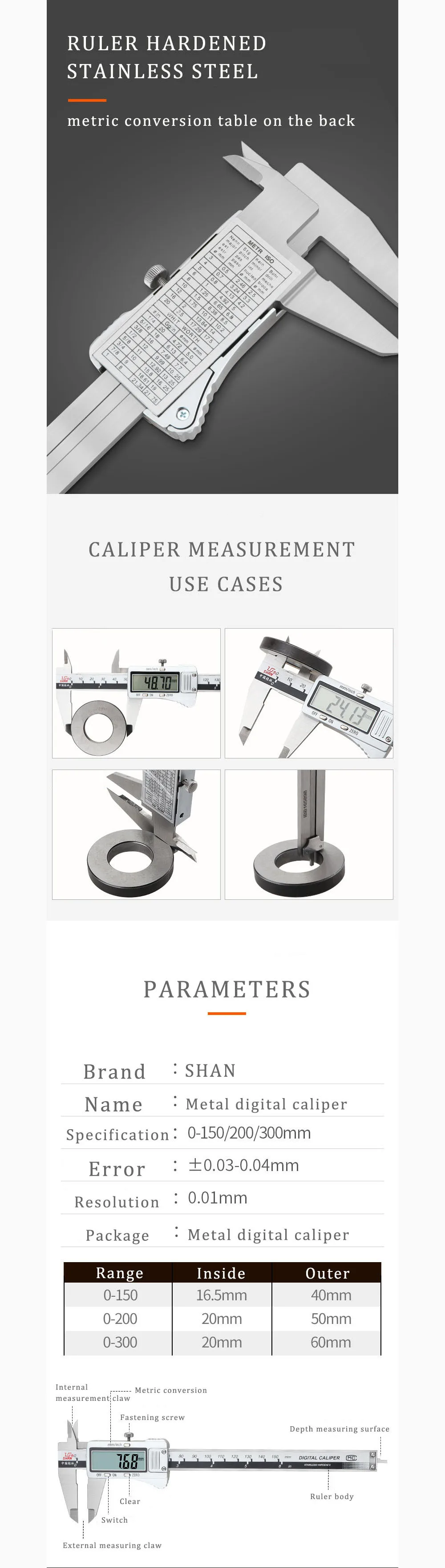 de aço inoxidável, 0-150, 200mm, ferramenta de
