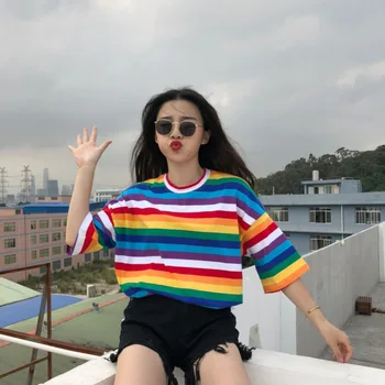 

Tshirts Women Rainbow Striped Harajuku Tshirt Summer Tops for Women Short Sleeve Korean Punk T-shirt camiseta feminina