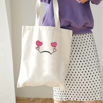 

Pink Heart Shape Bow Print Ladies Cloth Canvas Tote Bag Cotton Shopping Travel Women Eco Reusable Shoulder Shopper Bags Sweet