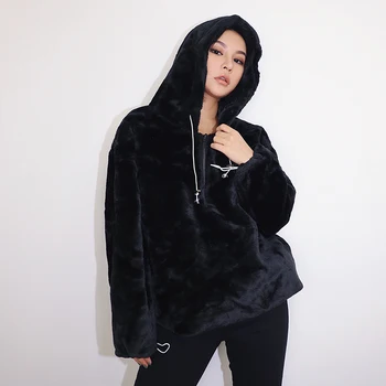 

2019 new fashion casual women's clothing Black velvet female autumn new hooded loose long section Sweatshirt