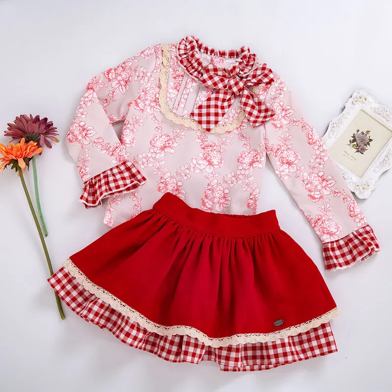 

Cutestyles Autumn Girls Princess Clothing Set With Baby Headband Floral Tops+Red Skirts Party Kids Suits Costumes EG-DMCS107-C66