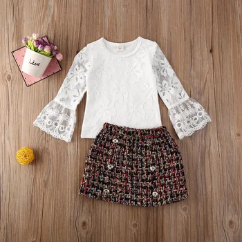 

Toddler Kid Baby Girls Clothes Ruffle Lace Flower Long Sleeve Pullover Top Shirt Plaid Skirt Girls Clothing