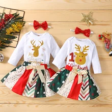 

3Pcs Baby Girls My 1st Christmas Outfit Letter Print Long-Sleeve Bodysuit Splicing Skirt Bow Headband for Toddler 0-24 Months