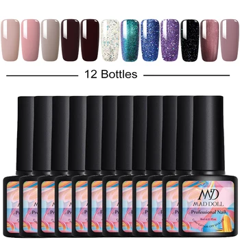 

8/10/12 Bottle MAD DOLL 8ml Gel Varnishes Glitter Nail Polish Semi-Permanent Varnish Lot Fast Shipping Nail Art Decoration