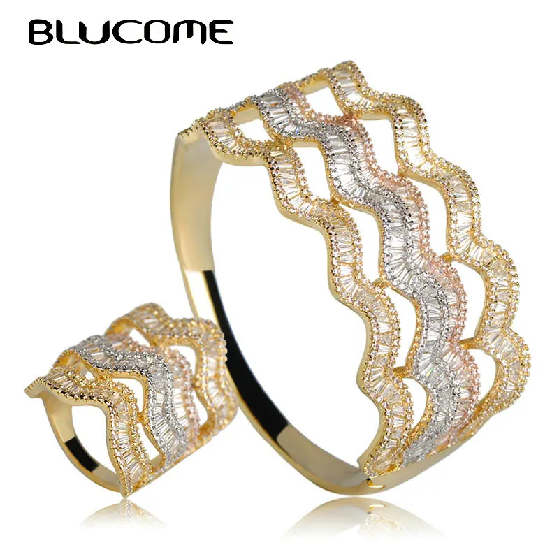 Женский комплект из браслета и кольца Blucome трехцветный кубического циркония меди