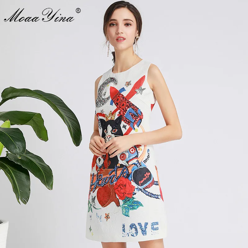 MoaaYina Summer Fashion Short Dress Women's Sleeveless Cartoon Print Jacquard Beading Crystal Sequin Dresses