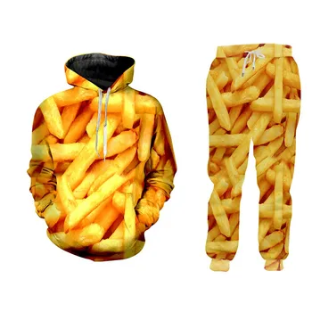 

Unisex 3d Golden French Fries Print Casual Tracksuit Sets Full Zip Running Jogging Athletic Sports Hoodie Pants Set Custom S-6XL