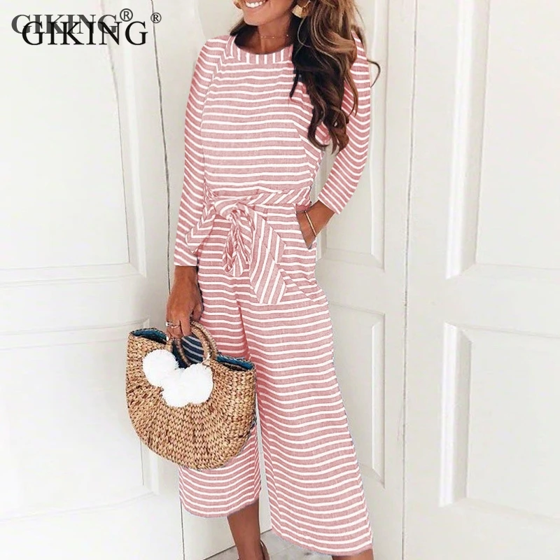 

GIKING Striped Rompers Womens Jumpsuits 2019 Long Sleeve Jumpsuit With Belt Pockets Casaul Streetwear Autumn Winter Playsuits