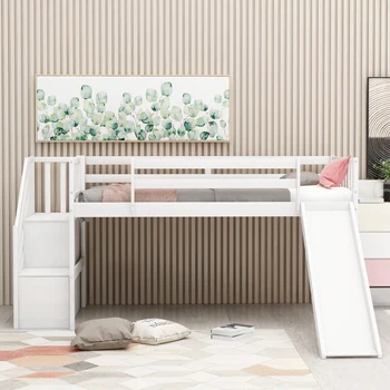 

New Twin Size Low Loft Bed with Adjustable Slide and Staircase White Grey Double Bed US Free Shipping