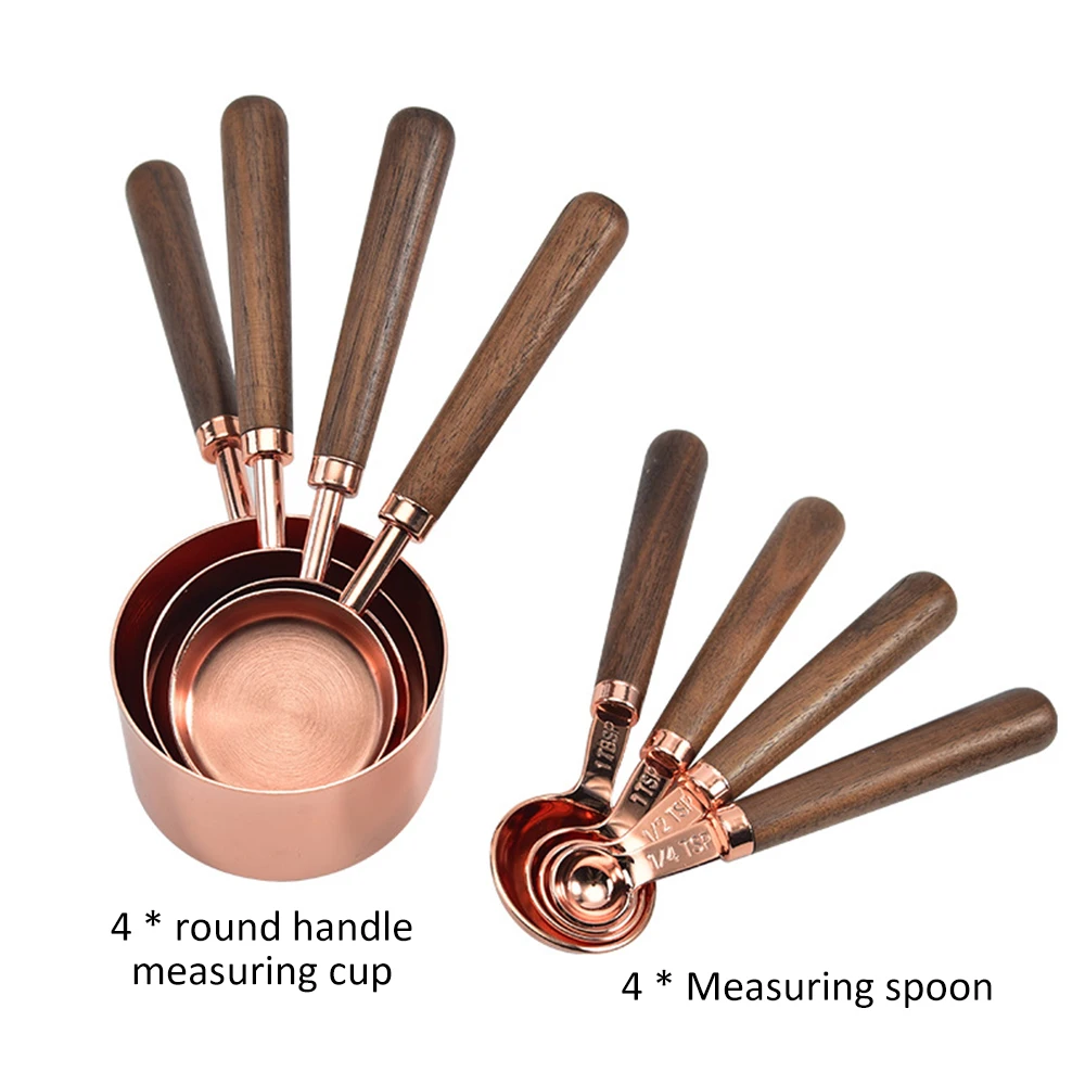 8pcs Kitchen Measuring Tool Plating Measuring Cups Spoon  Walnut Wooden Handle Rose Gold Measuring Cups Measuring Spoon Scoop