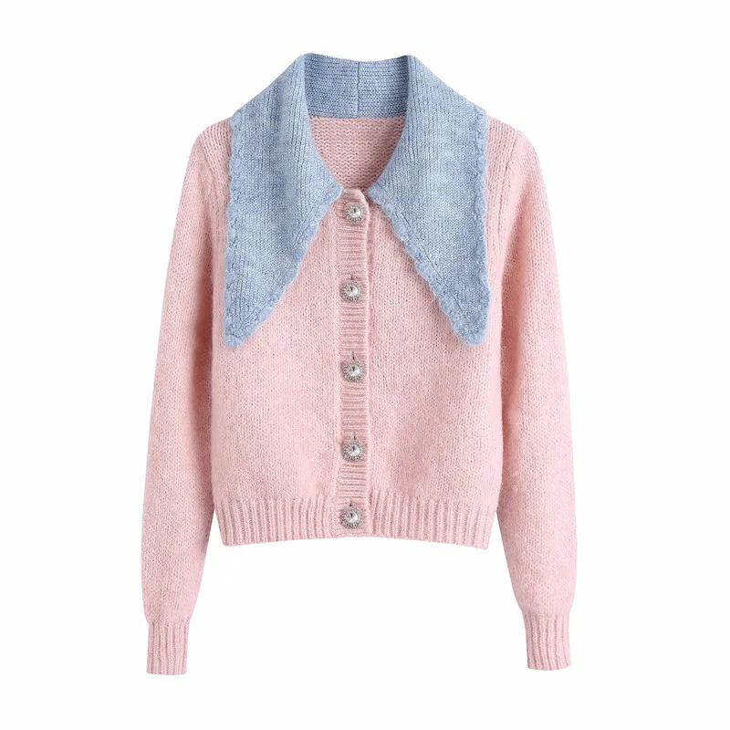

Winter Cute Ladies Patchwork Pink Lapel Knit Cardigan Women Fashion Jewelry Button Long Sleeve Sweater