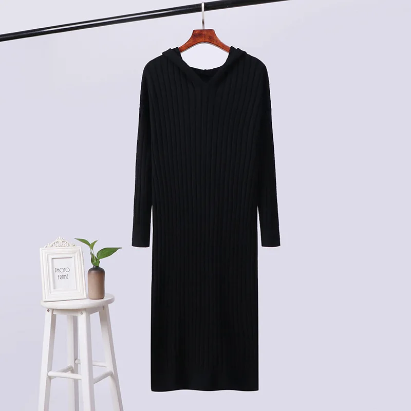 Black SSYG868 GIGOGOU женское осенне-зимнее платье, длинное прямое Макси-Платье, вязанные ребристые толстовки, женское платье-свитер, элегантное рождественское платье - Цвет: Black SSYG868